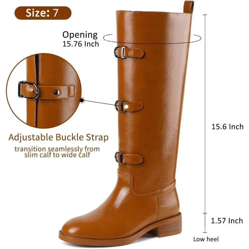 Women's C-brown Chunky Low Heel Pull On Riding Comfortable Knee High Boots